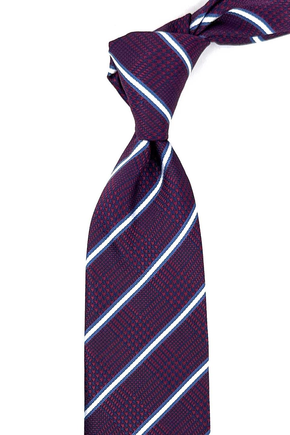 Bordo Çizgi Desen Mendilli Klasik Kravat KK12367