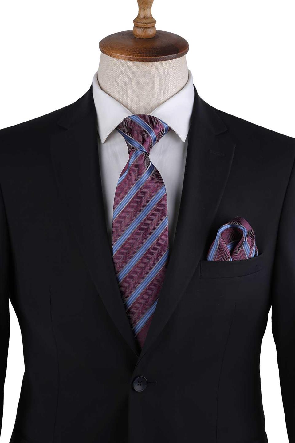 Bordo Çizgi Desen Mendilli Klasik Kravat KK13192