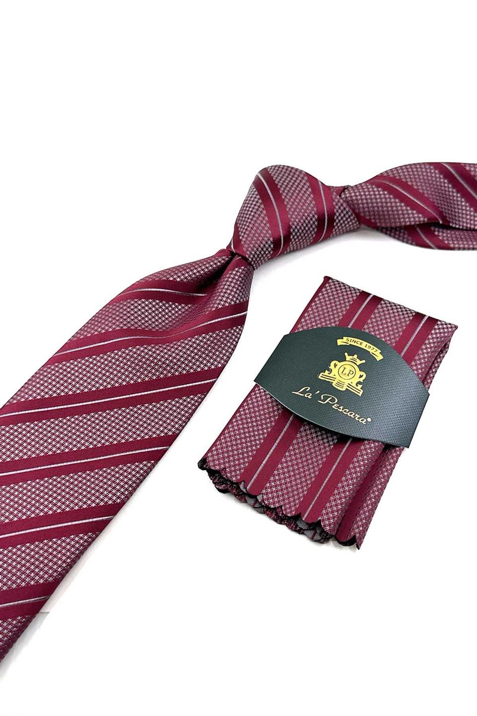 Bordo Çizgi Desen Mendilli Klasik Kravat KK12696