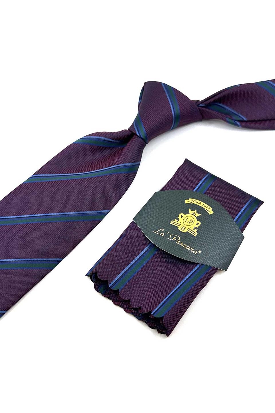 Bordo Çizgi Desen Mendilli Klasik Kravat KK12267