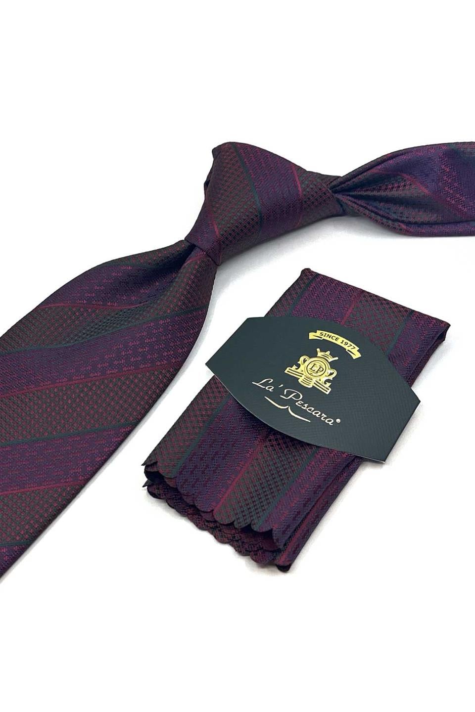 Bordo Çizgi Desen Mendilli Klasik Kravat KK13147