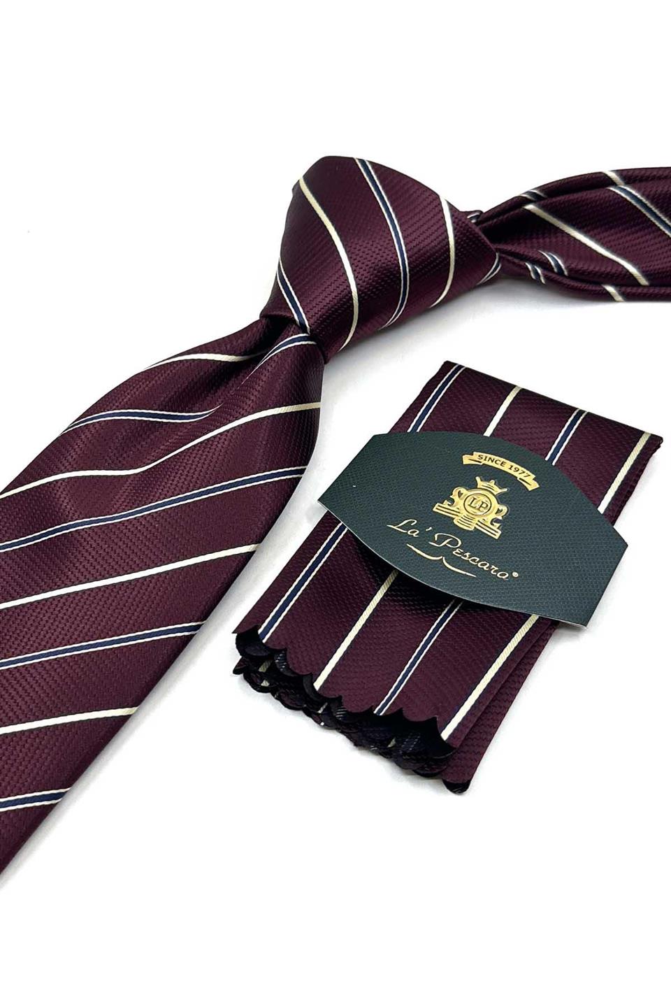 Bordo Çizgi Desen Mendilli Klasik Kravat KK13683