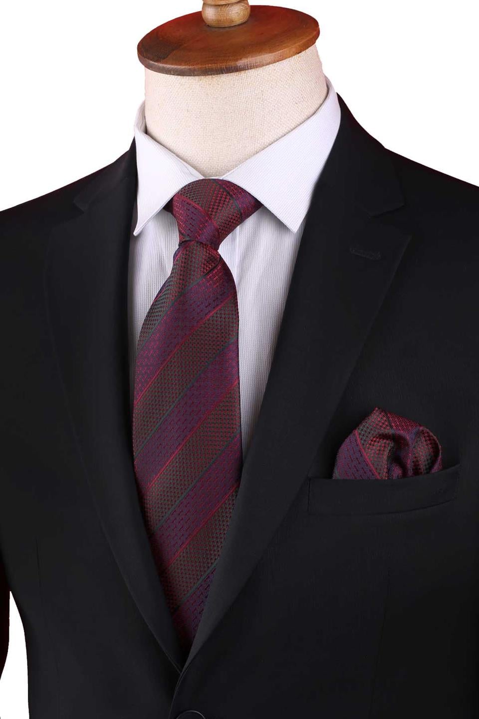 Bordo Çizgi Desen Mendilli Klasik Kravat KK13147