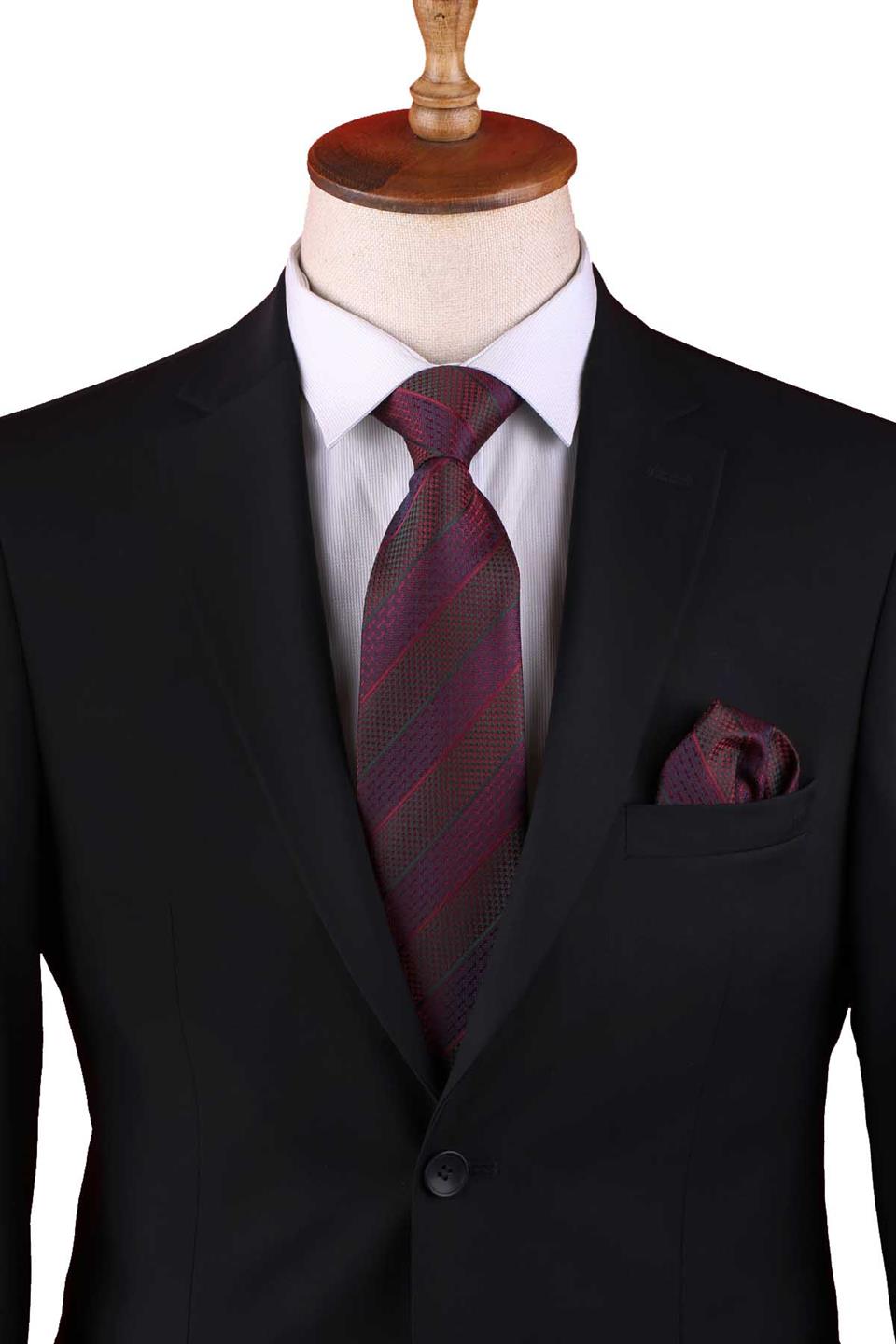 Bordo Çizgi Desen Mendilli Klasik Kravat KK13147