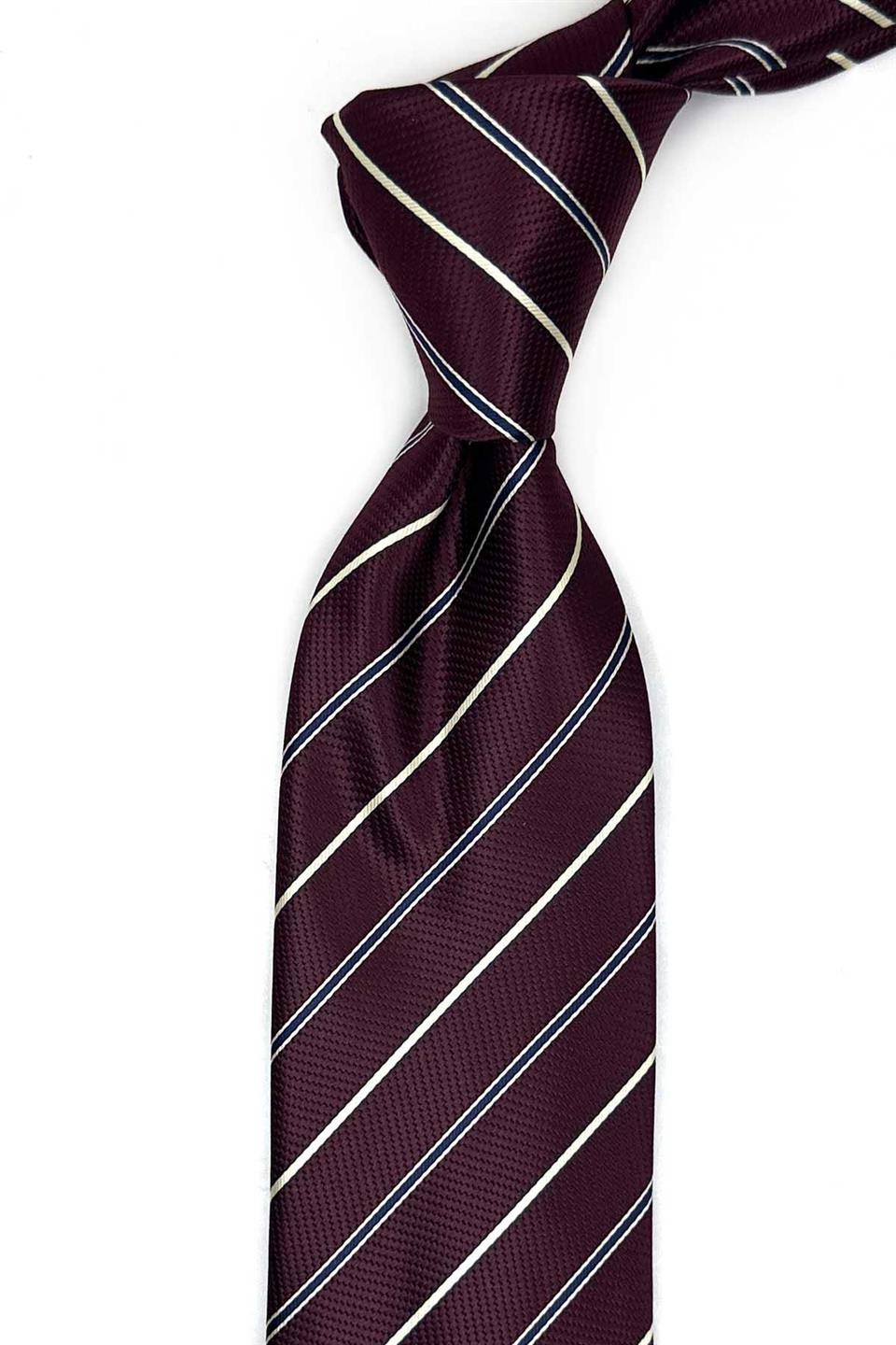 Bordo Çizgi Desen Mendilli Klasik Kravat KK13683