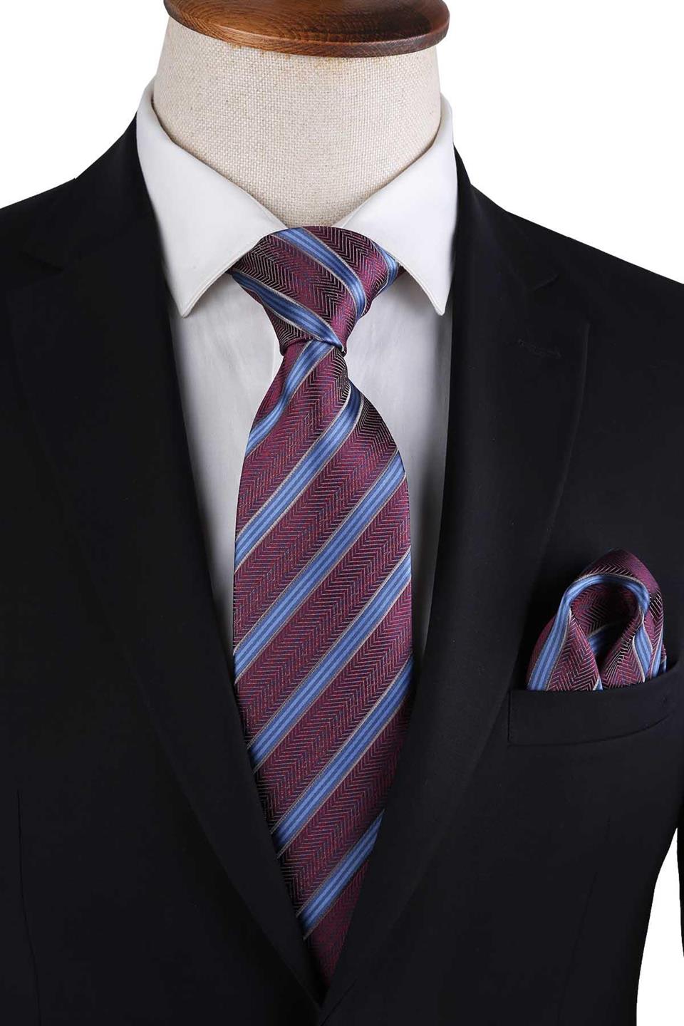 Bordo Çizgi Desen Mendilli Klasik Kravat KK13192