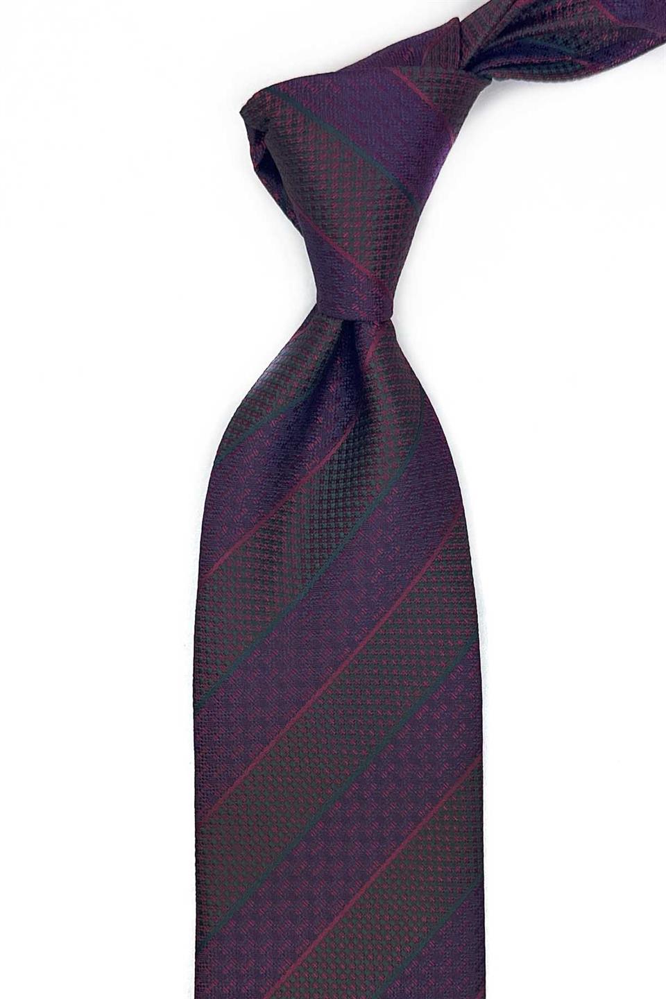 Bordo Çizgi Desen Mendilli Klasik Kravat KK13147