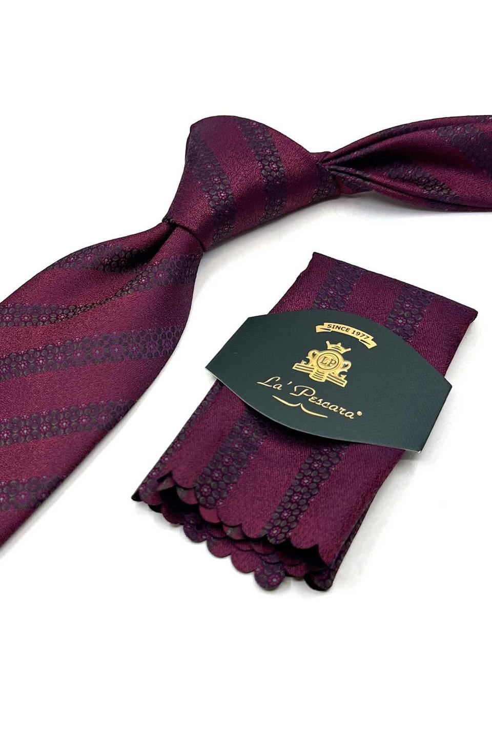 Bordo Çizgi Desen Mendilli Klasik Kravat KK13464
