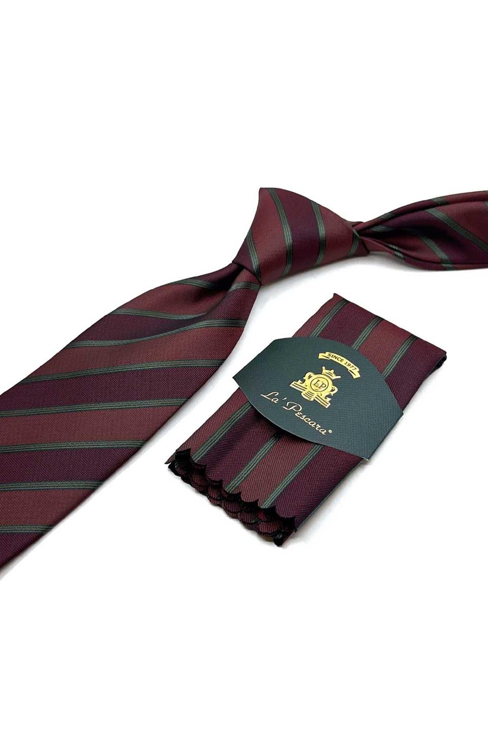 Bordo Çizgi Desen Mendilli Klasik Kravat KK12882