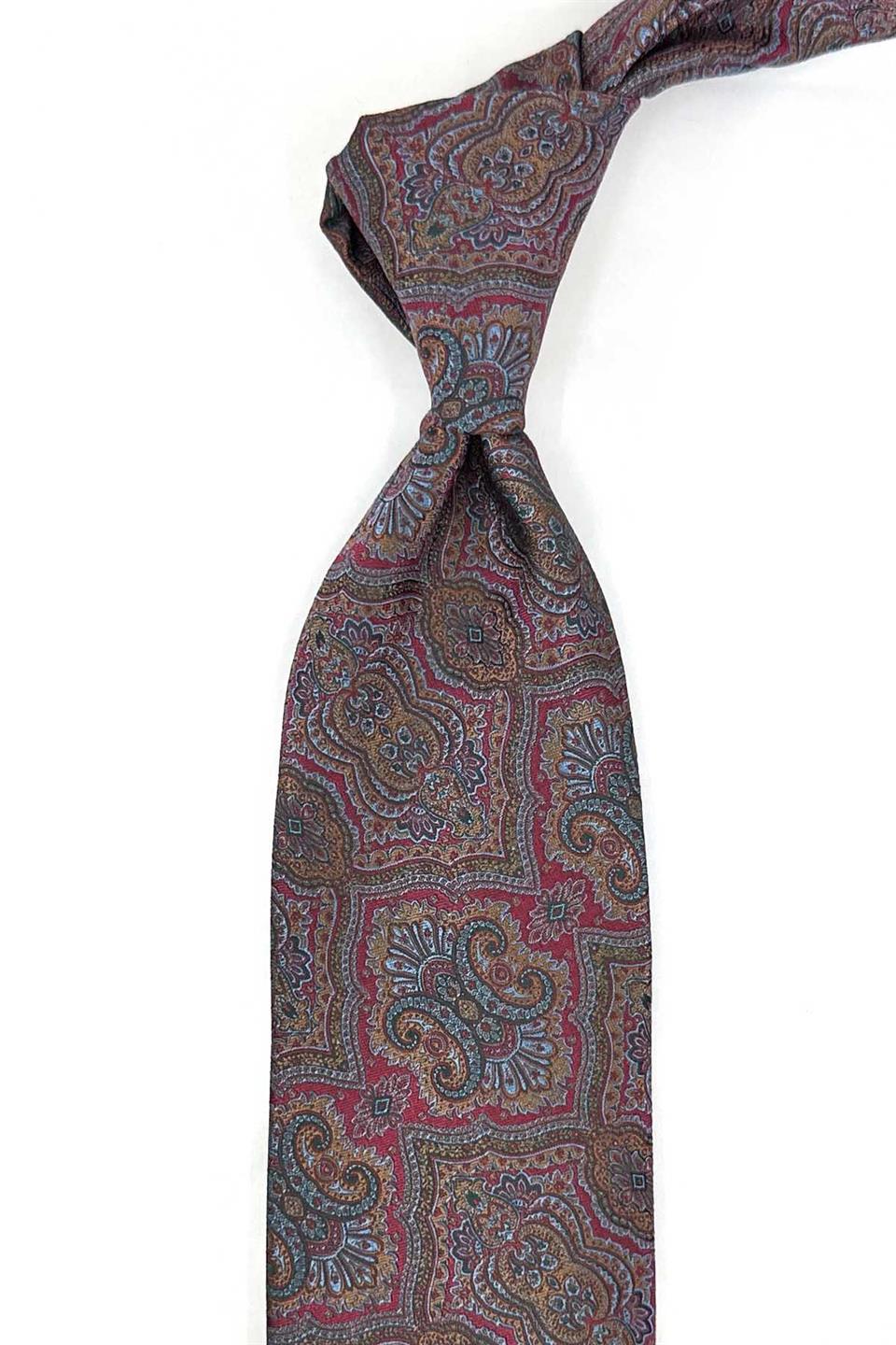 Bordo - Çok Renkli Motif Desen Mendilli Klasik Kravat KK13326