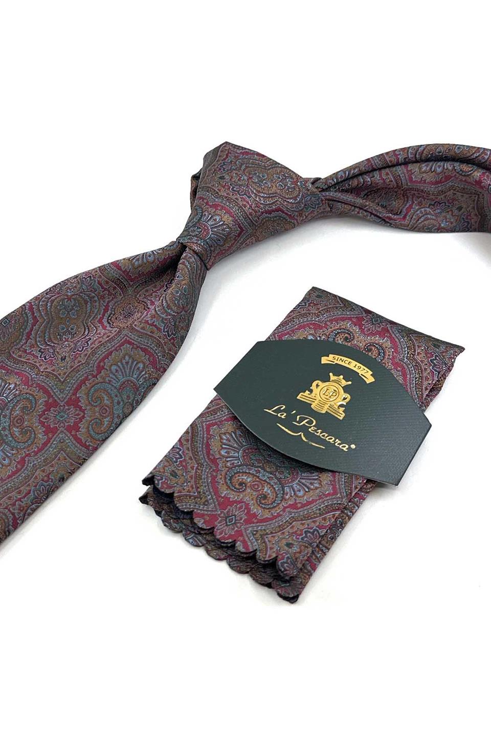 Bordo - Çok Renkli Motif Desen Mendilli Klasik Kravat KK13326