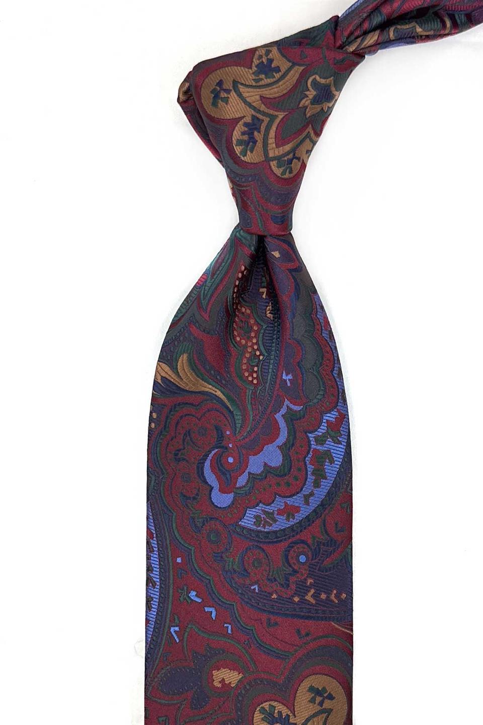 Bordo - Çok Renkli Şal Desen Mendilli Klasik Kravat KK13318