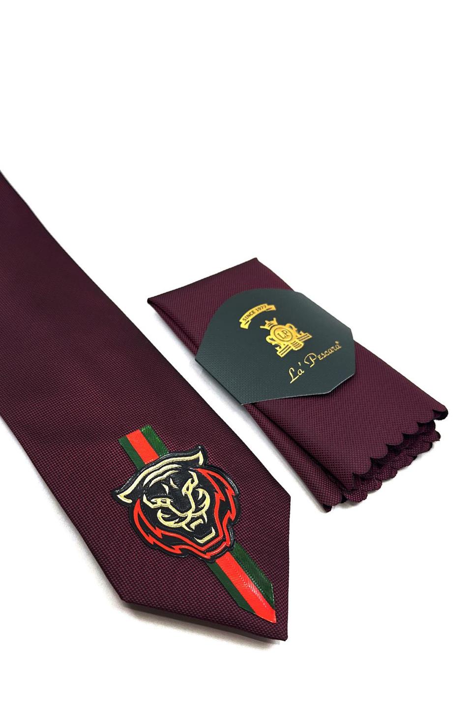 Bordo Düz Kaplan Arma Baskılı Kravat KK11699