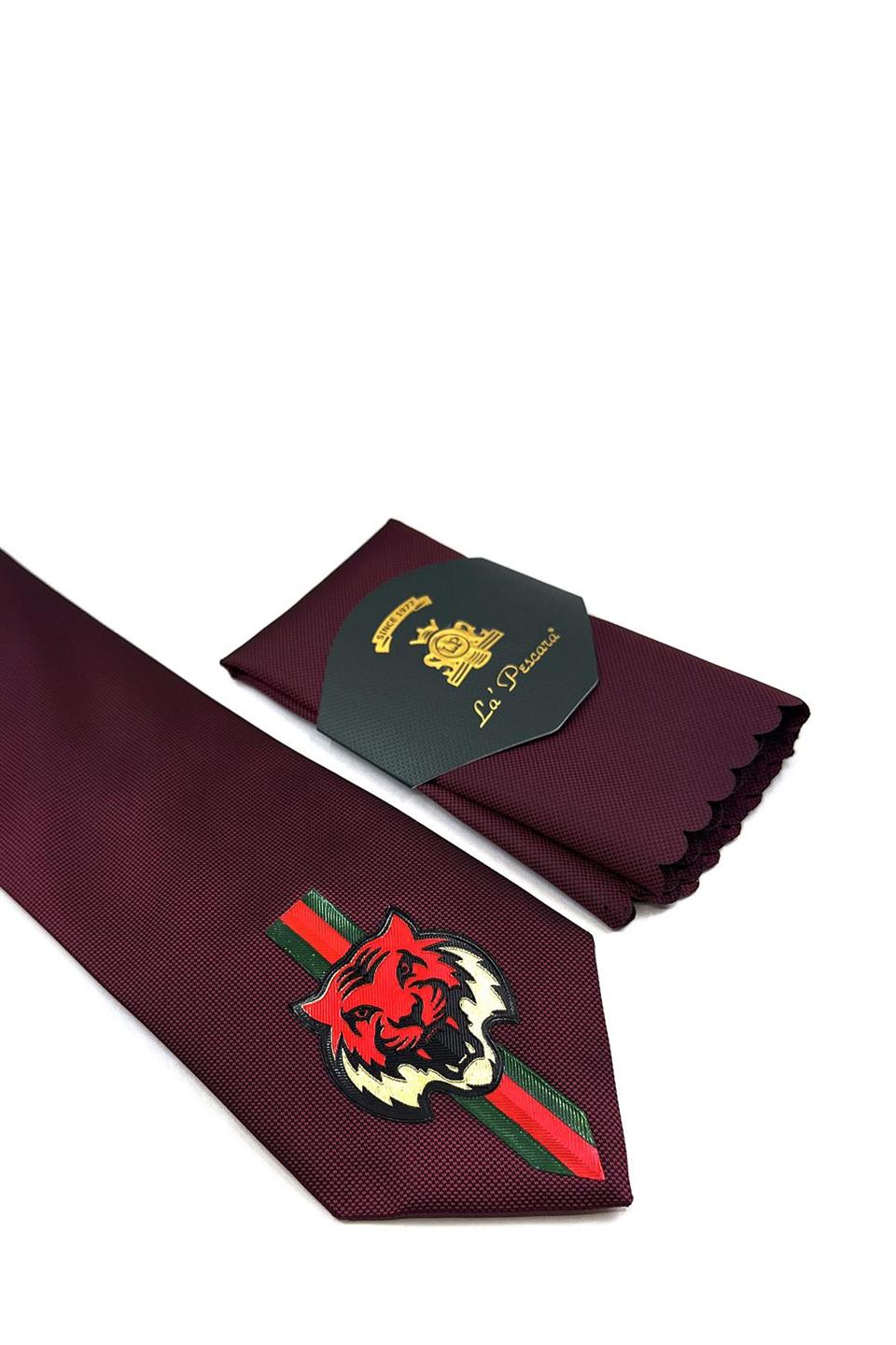 Bordo Düz Kaplan Arma Baskılı Kravat KK11697