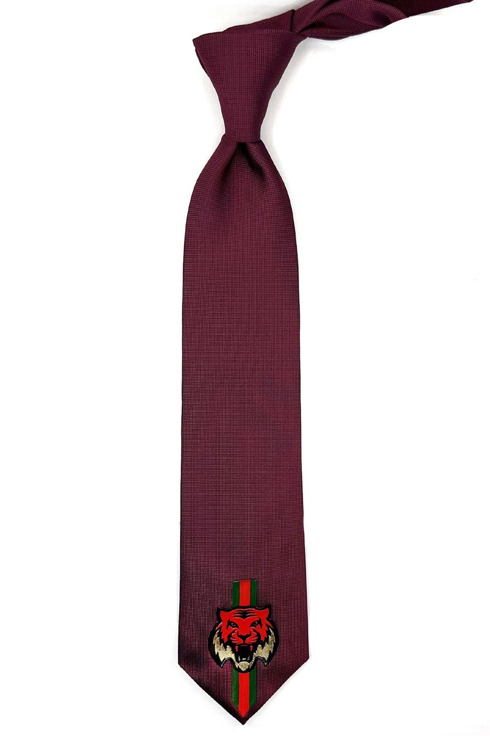 Bordo Düz Kaplan Arma Baskılı Kravat KK11697