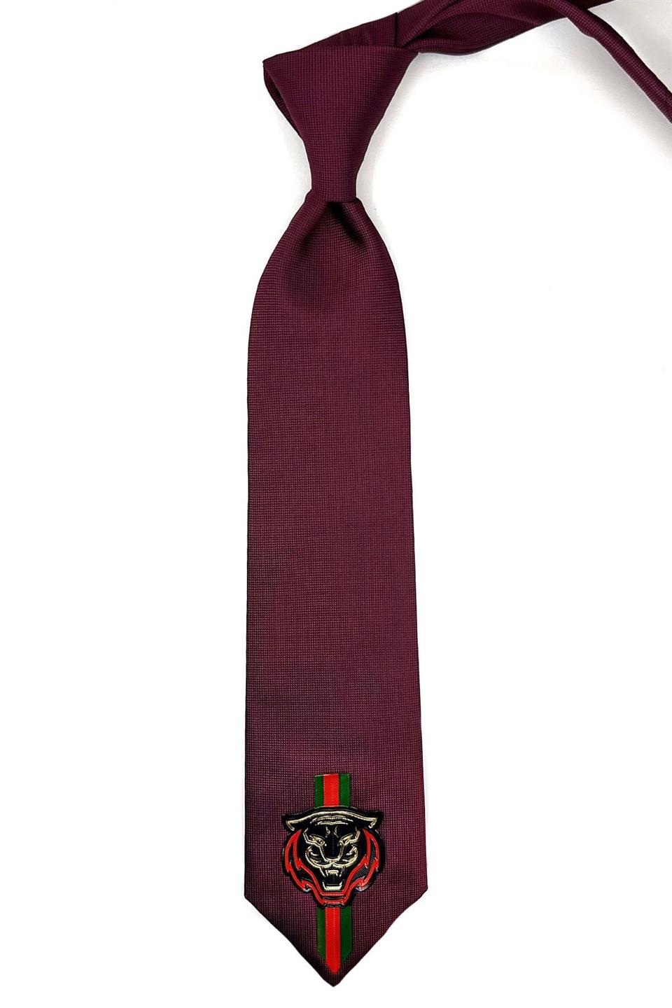 Bordo Düz Kaplan Arma Baskılı Kravat KK11699