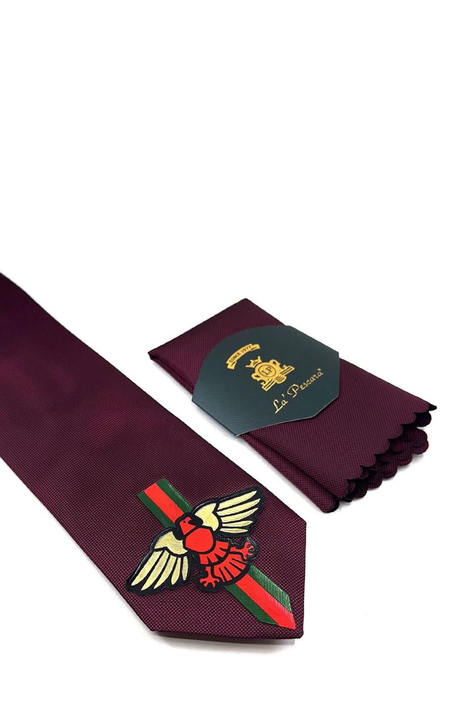 Bordo Düz Kartal Arma Baskılı Kravat KK11686