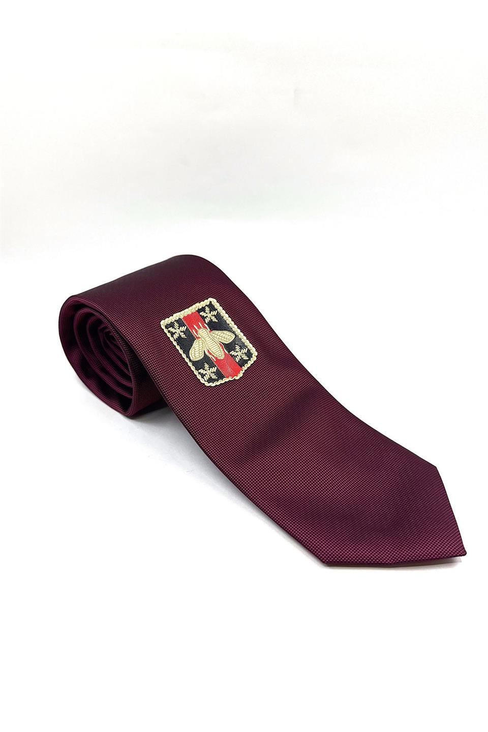 Bordo Düz Sinek Arma Baskılı Kravat KK11684