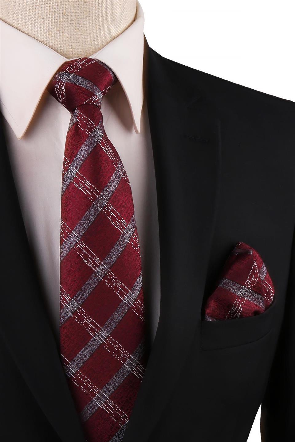 Bordo Ekose Desen Mendilli Klasik Kravat KK10763