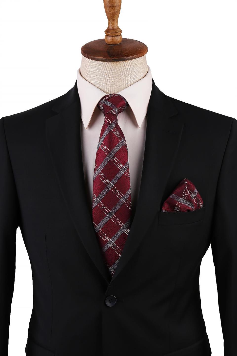 Bordo Ekose Desen Mendilli Klasik Kravat KK10763