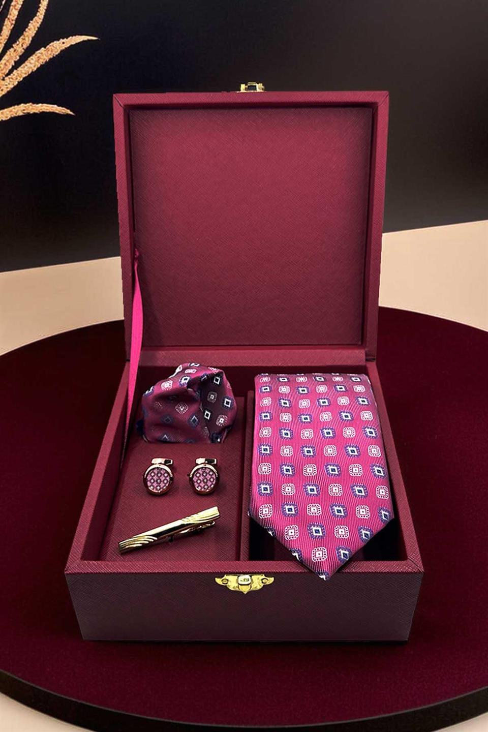 Bordo Erkek Hediye Kutusu - Kravat Kol Düğmesi Kravat İğnesi KMK44