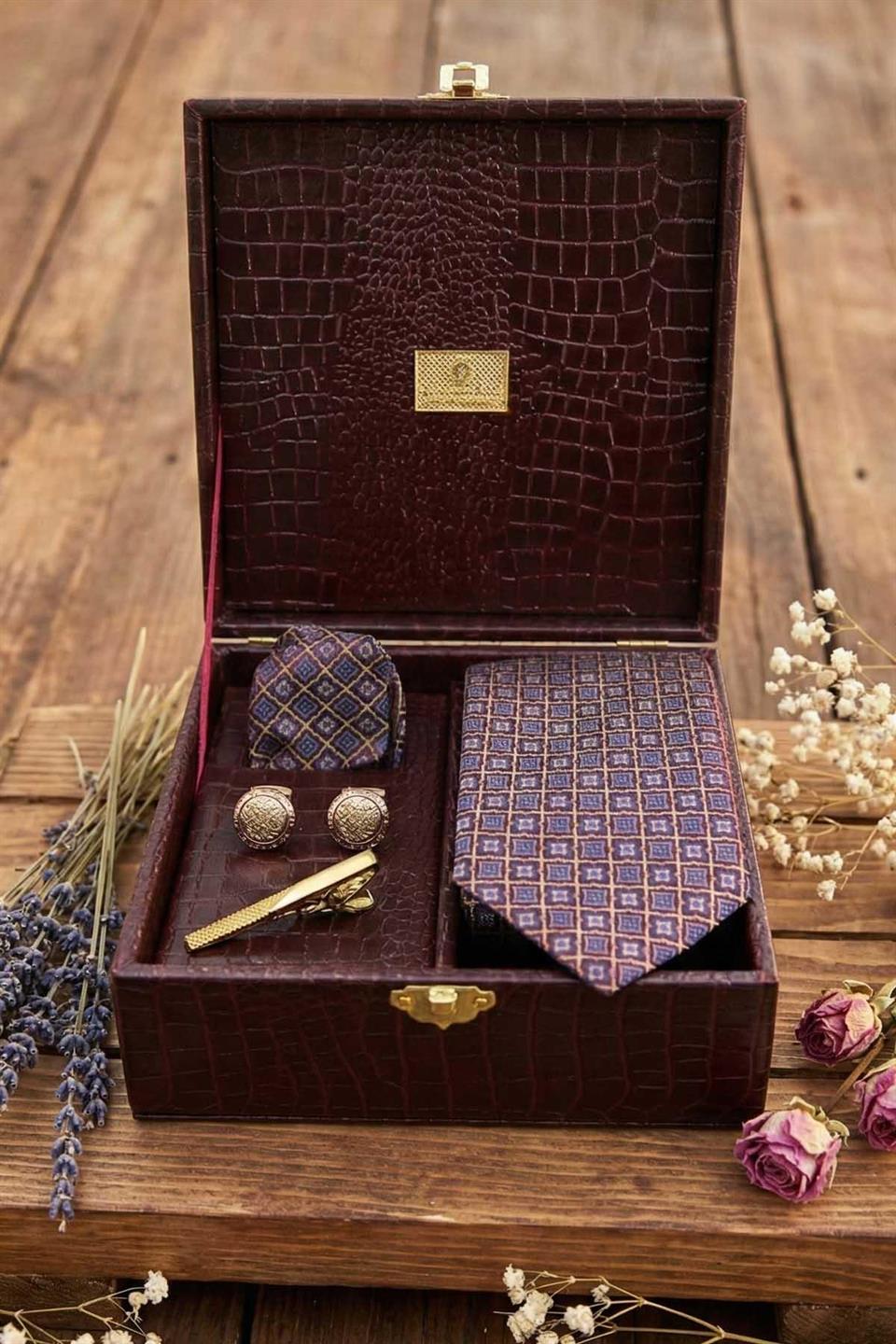 Bordo Erkek Hediye Kutusu - Kravat Kol Düğmesi Kravat İğnesi KMK115