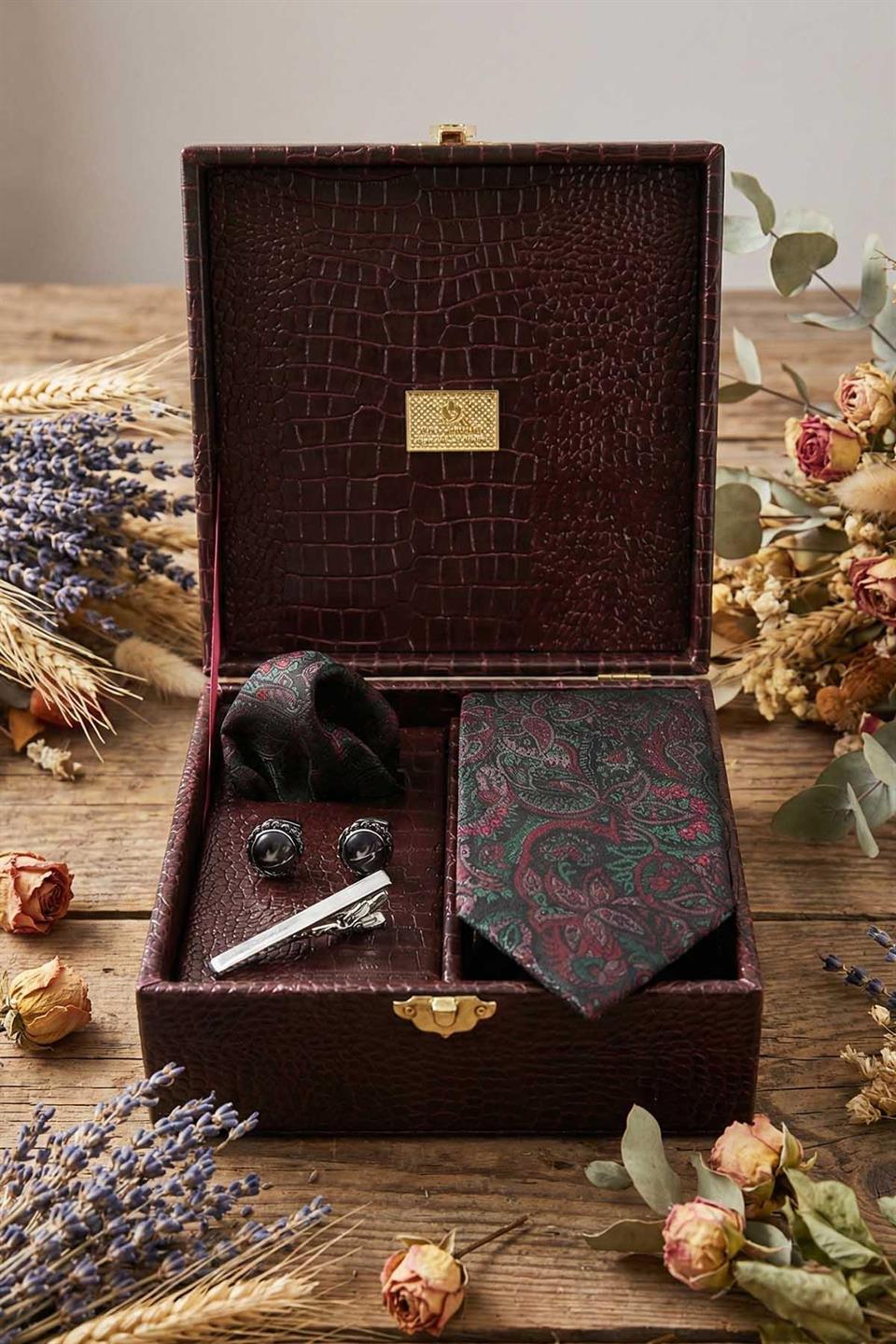 Bordo Erkek Hediye Kutusu - Kravat Kol Düğmesi Kravat İğnesi KMK129