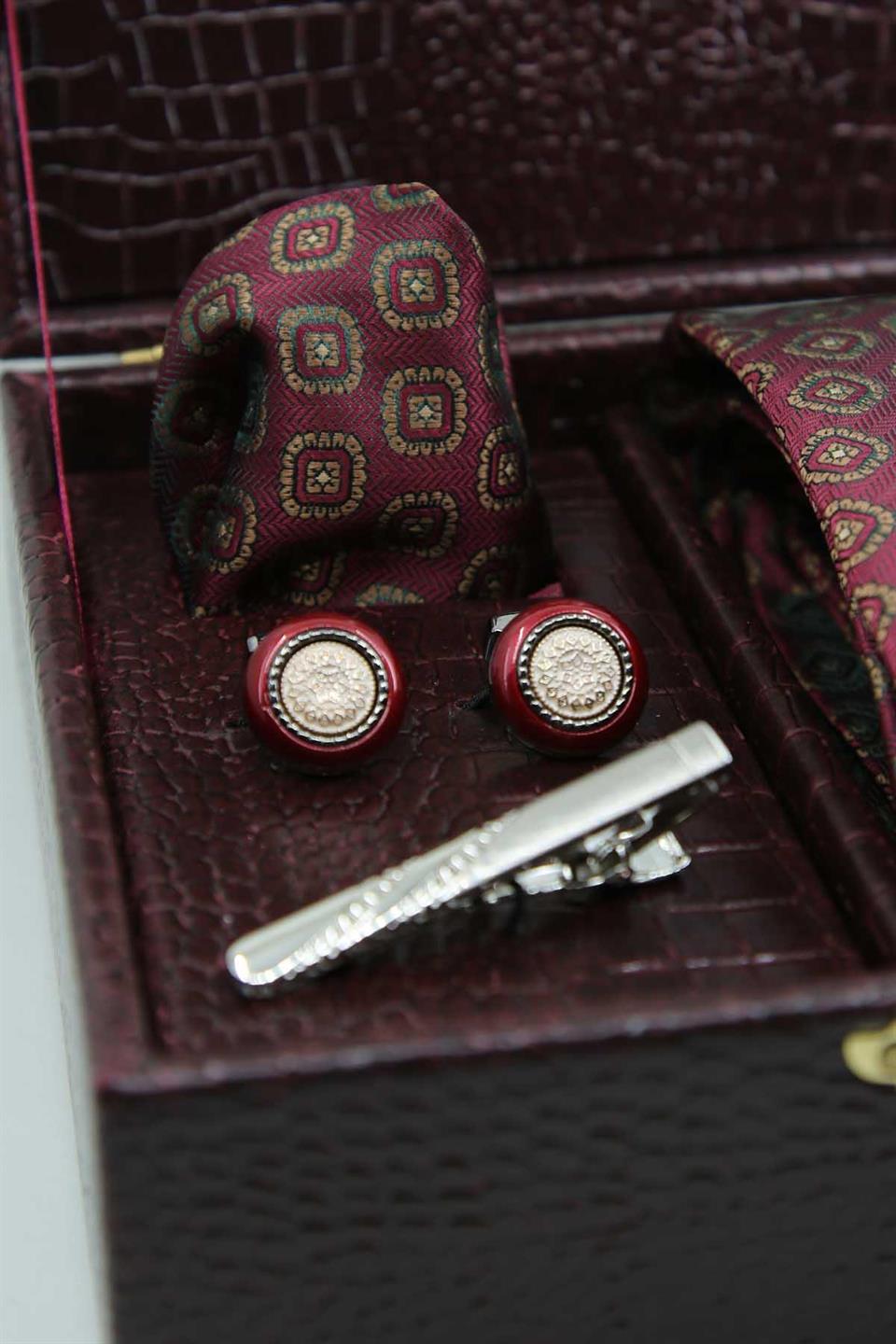 Bordo Erkek Hediye Kutusu - Kravat Kol Düğmesi Kravat İğnesi KMK119