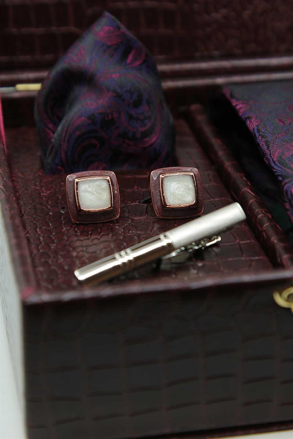 Bordo Erkek Hediye Kutusu - Mendilli Kravat Kol Düğmesi Kravat İğnesi KMK96