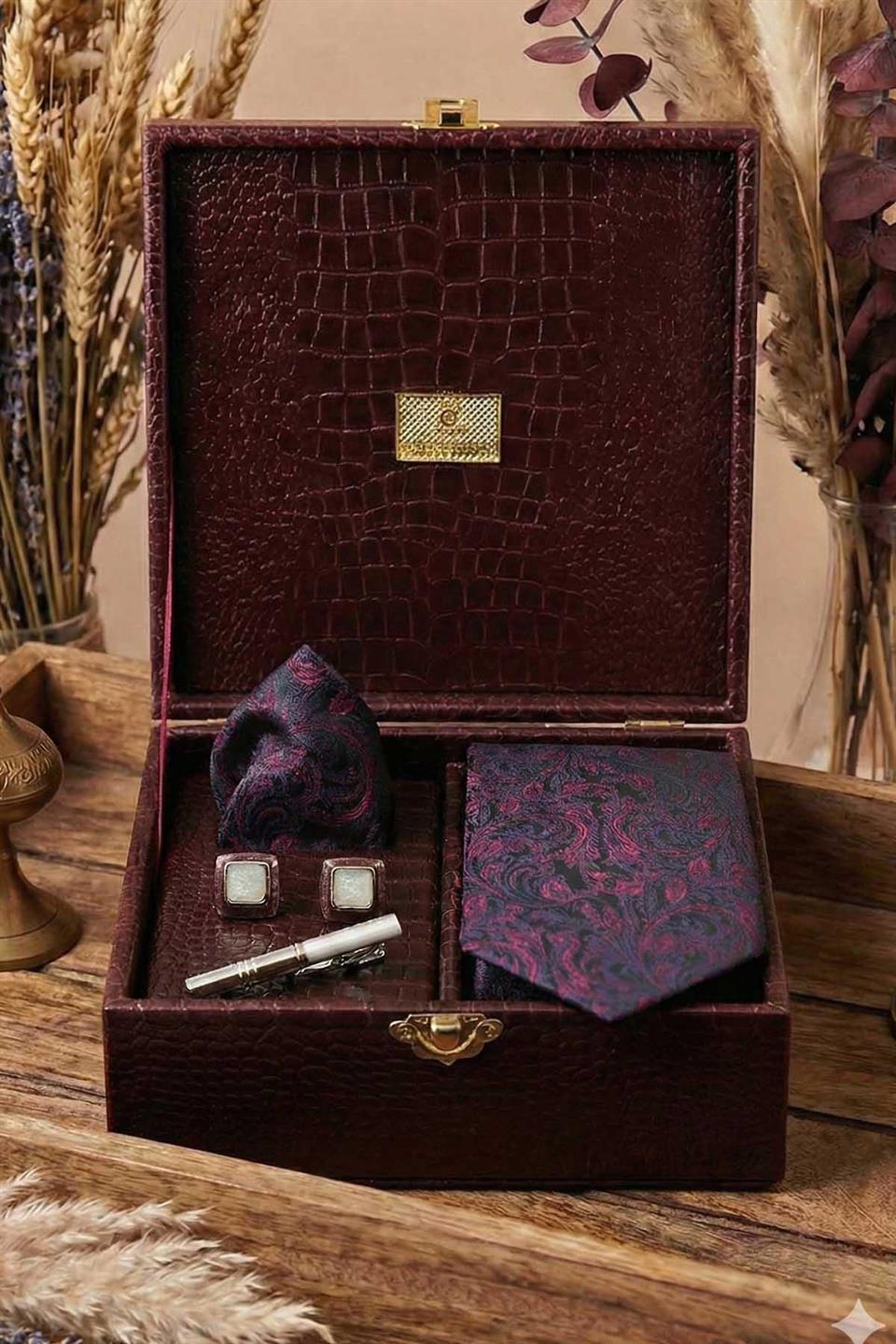 Bordo Erkek Hediye Kutusu - Mendilli Kravat Kol Düğmesi Kravat İğnesi KMK96