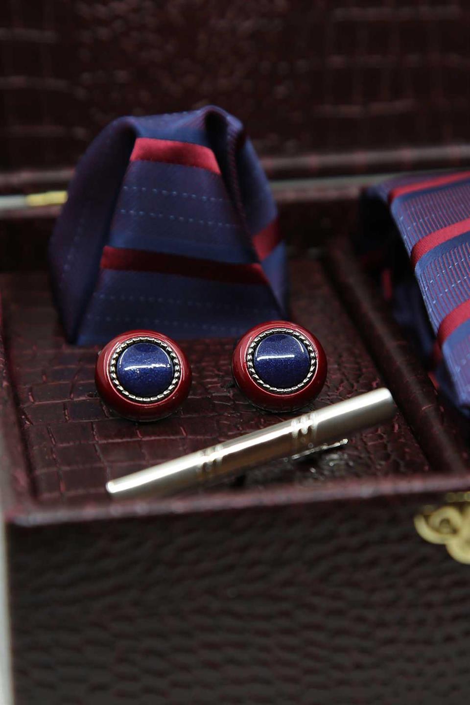 Bordo Erkek Hediye Kutusu - Mendilli Kravat Kol Düğmesi Kravat İğnesi KMK101