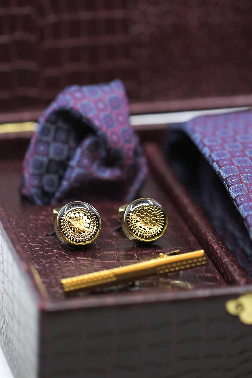 Bordo Erkek Hediye Kutusu - Mendilli Kravat Kol Düğmesi Kravat İğnesi KMK84