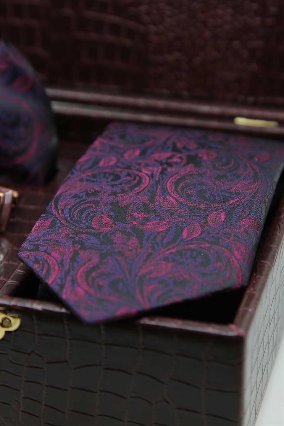 Bordo Erkek Hediye Kutusu - Mendilli Kravat Kol Düğmesi Kravat İğnesi KMK96