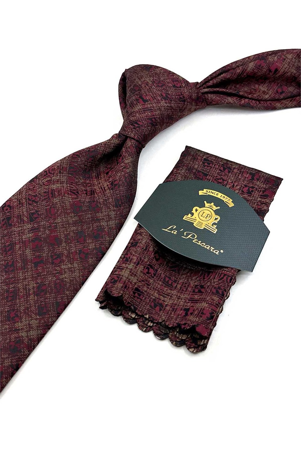 Bordo Gold Ekose Desen Mendilli Klasik Kravat KK14122