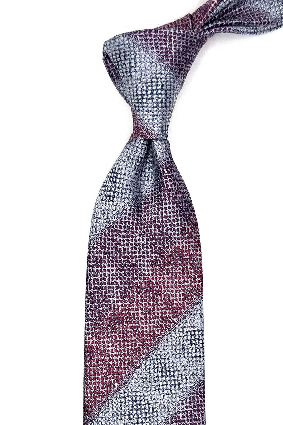 Bordo - Gri Çizgi Desen Mendilli Klasik Kravat KK13071