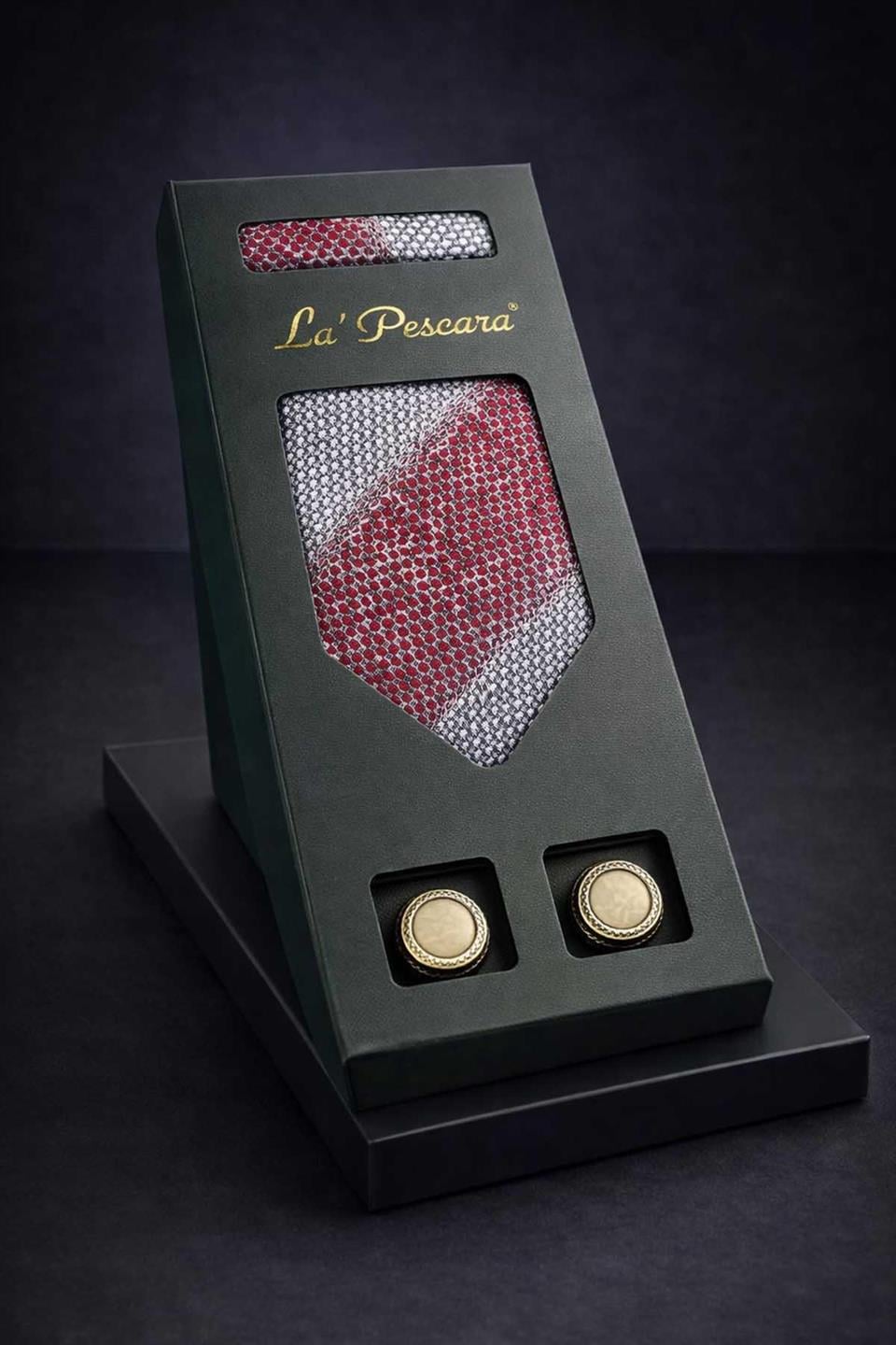 Bordo - Gri Mendilli Klasik Kravat Kol Düğmesi Erkek Hediye Seti OS630