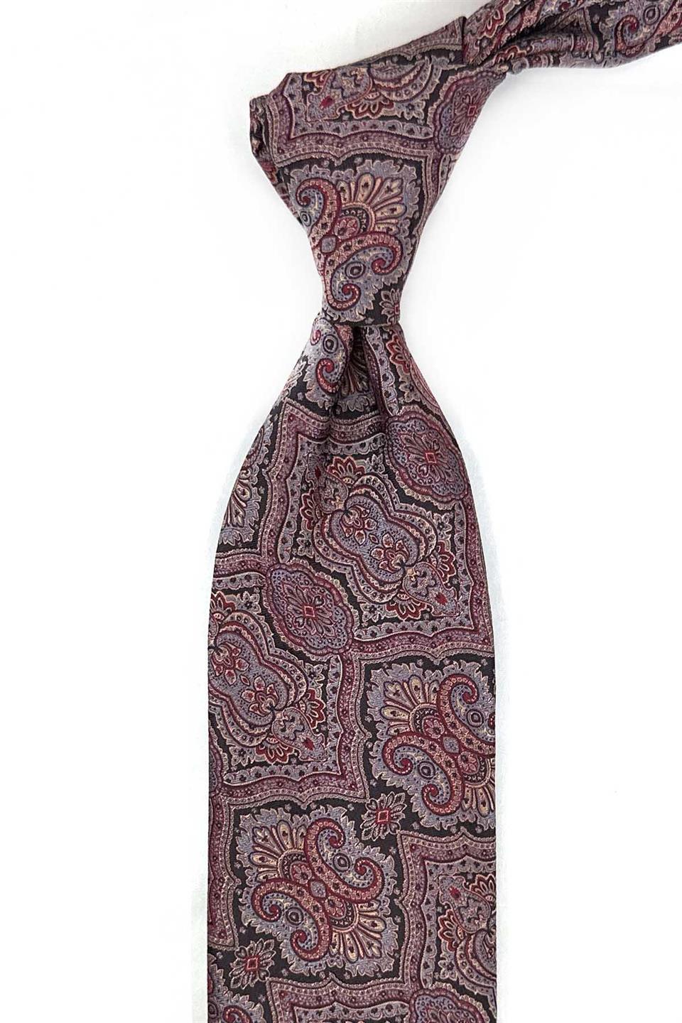 Bordo - Gri Motif Desen Mendilli Klasik Kravat KK13327