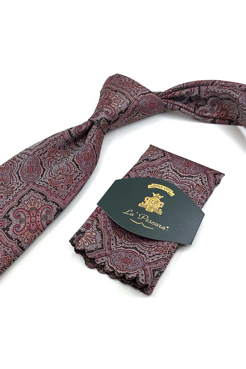 Bordo - Gri Motif Desen Mendilli Klasik Kravat KK13327