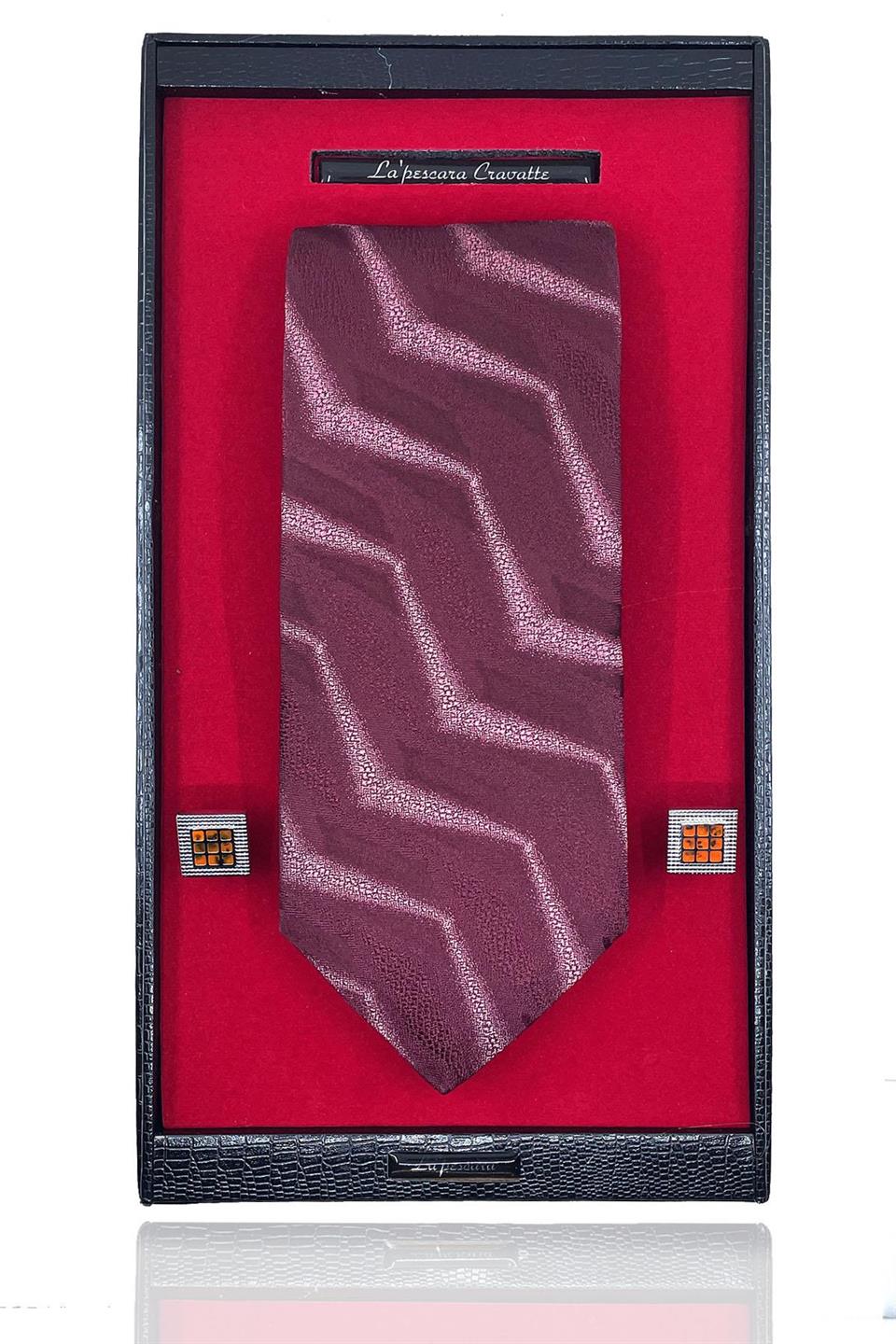 Bordo İtalyan İpek Kravat Çelik Kol Düğmesi Erkek Hediye Seti SKS02