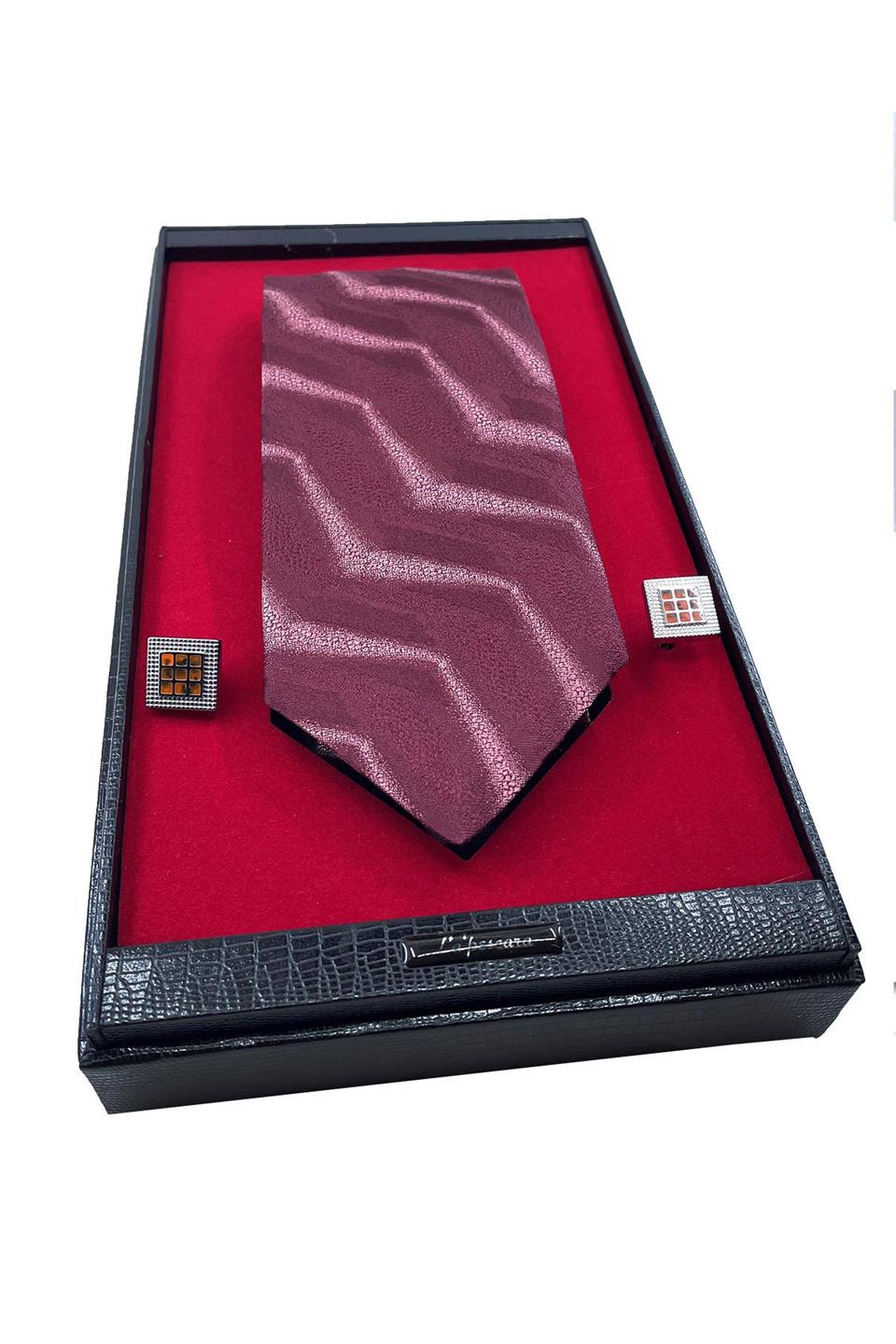 Bordo İtalyan İpek Kravat Çelik Kol Düğmesi Erkek Hediye Seti SKS02
