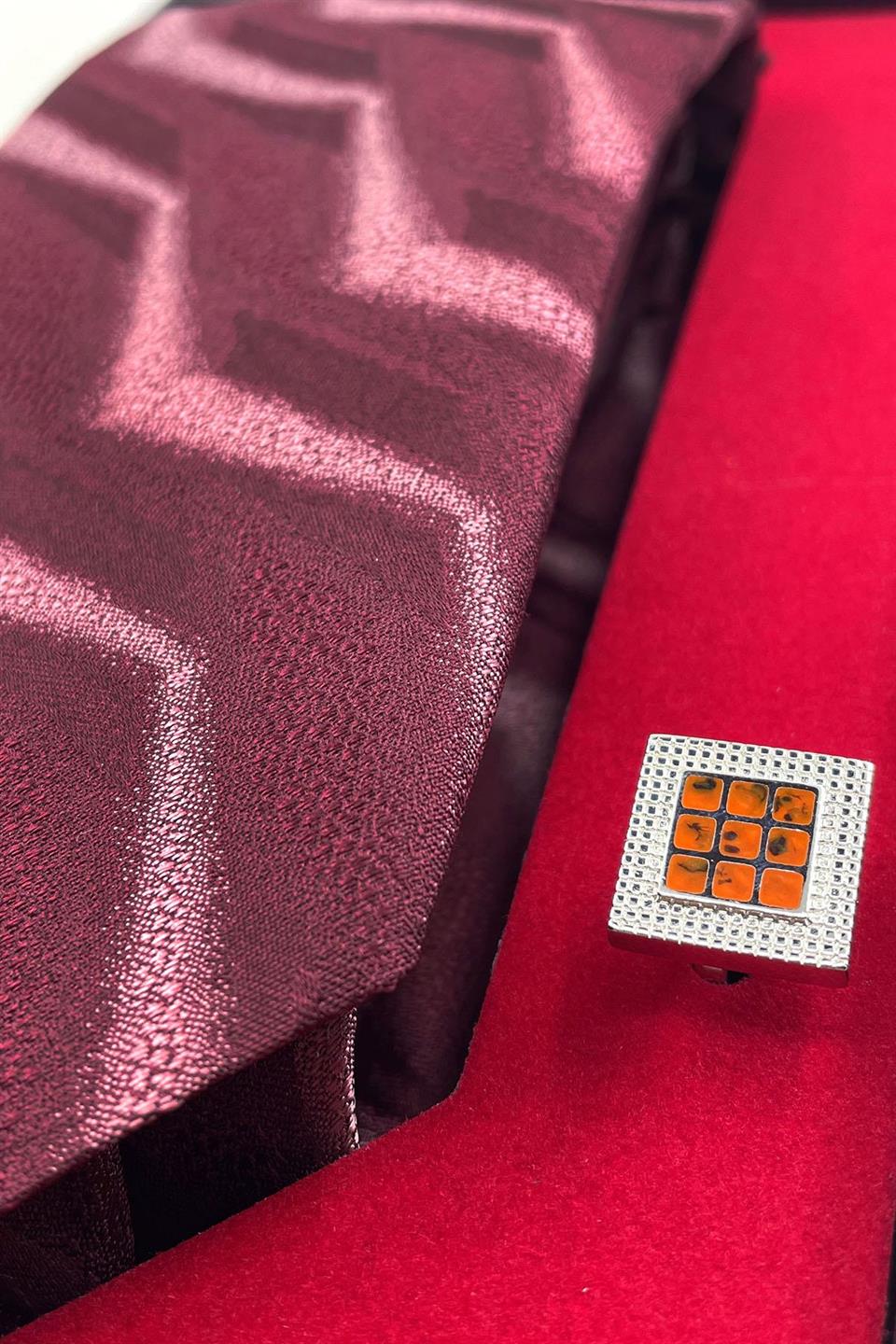 Bordo İtalyan İpek Kravat Çelik Kol Düğmesi Erkek Hediye Seti SKS02