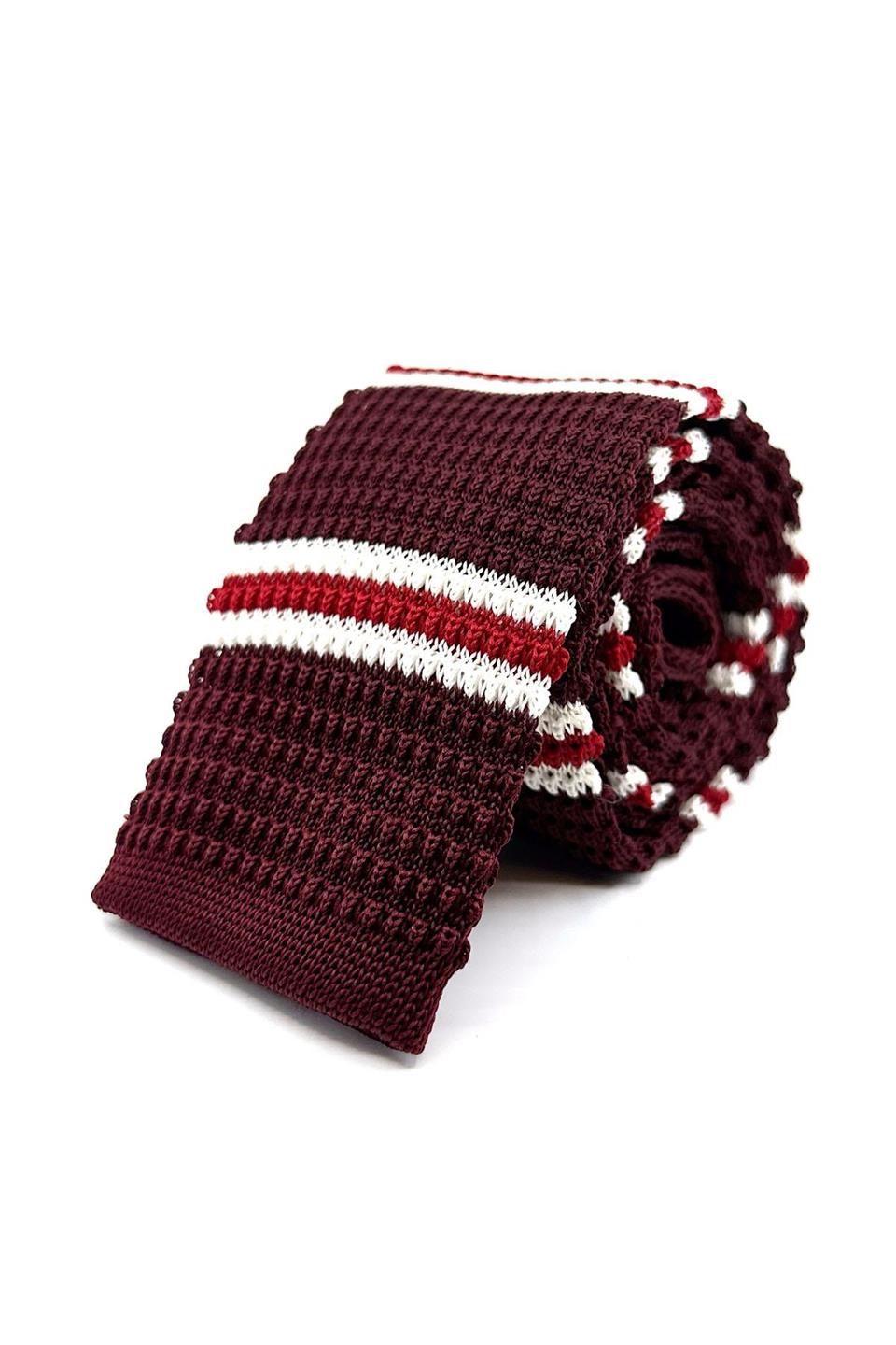 Bordo - Kırmızı Çizgili Örgü Kravat ÖR8371