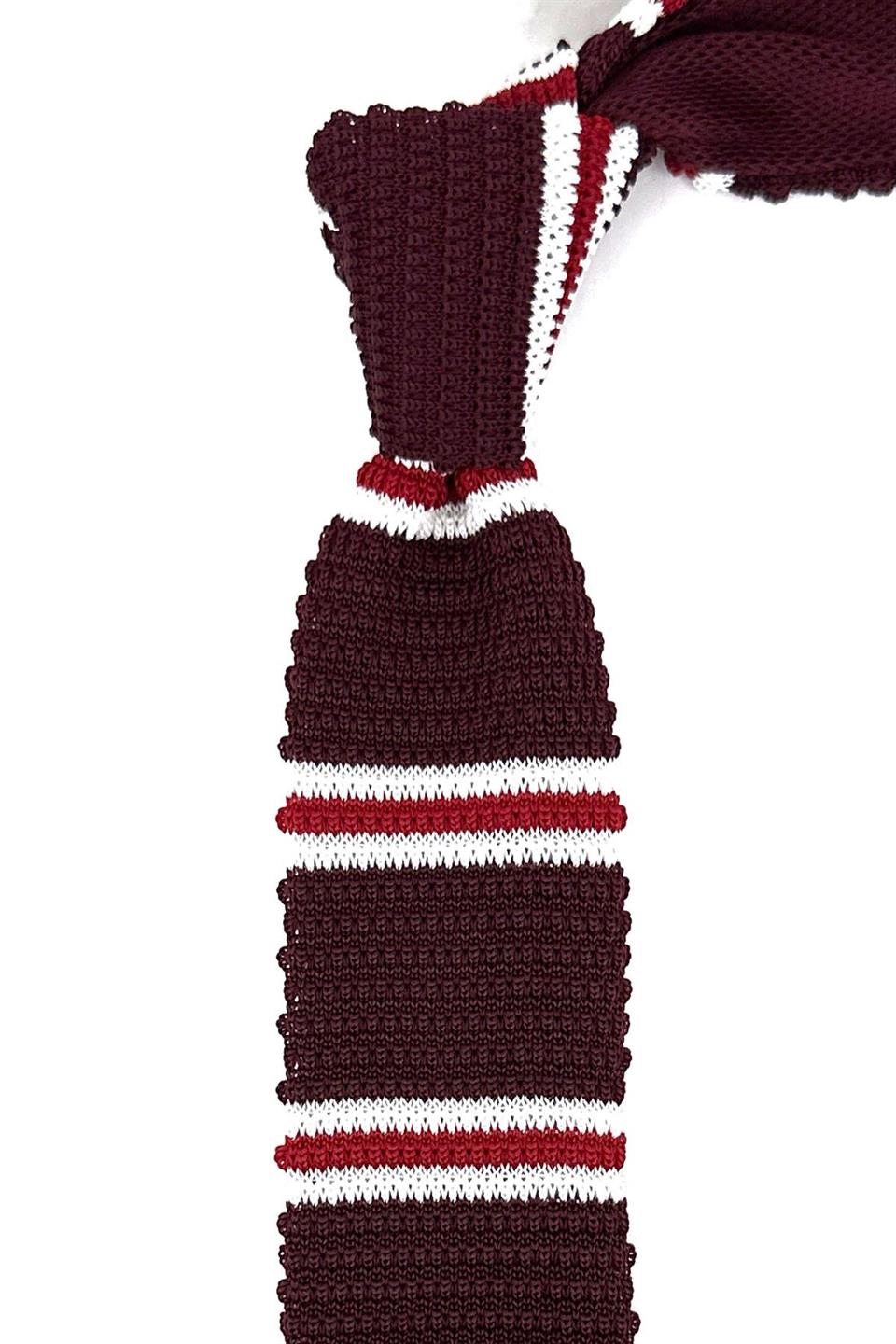 Bordo - Kırmızı Çizgili Örgü Kravat ÖR8371