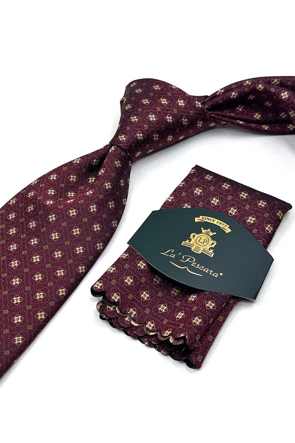 Bordo Küçük Desen Mendilli Klasik Kravat KK13627