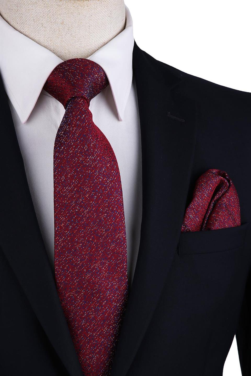 Bordo Kum Desen Mendilli Klasik Kravat KK10391