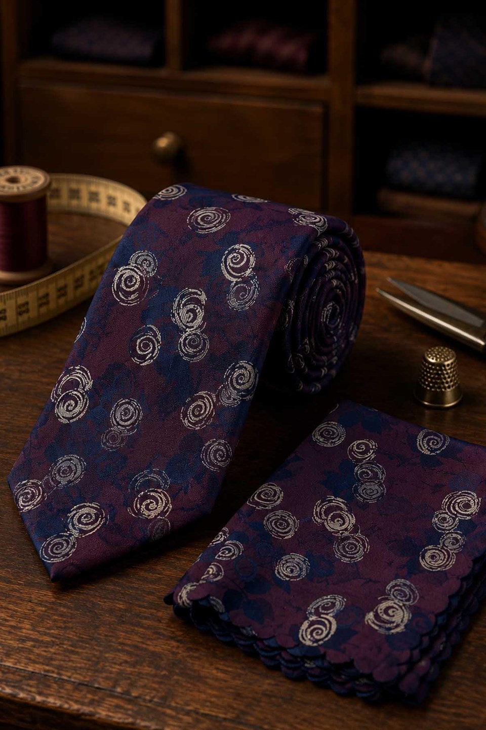 Bordo Lacivert Çiçek Desen Mendilli Klasik Kravat KK13793