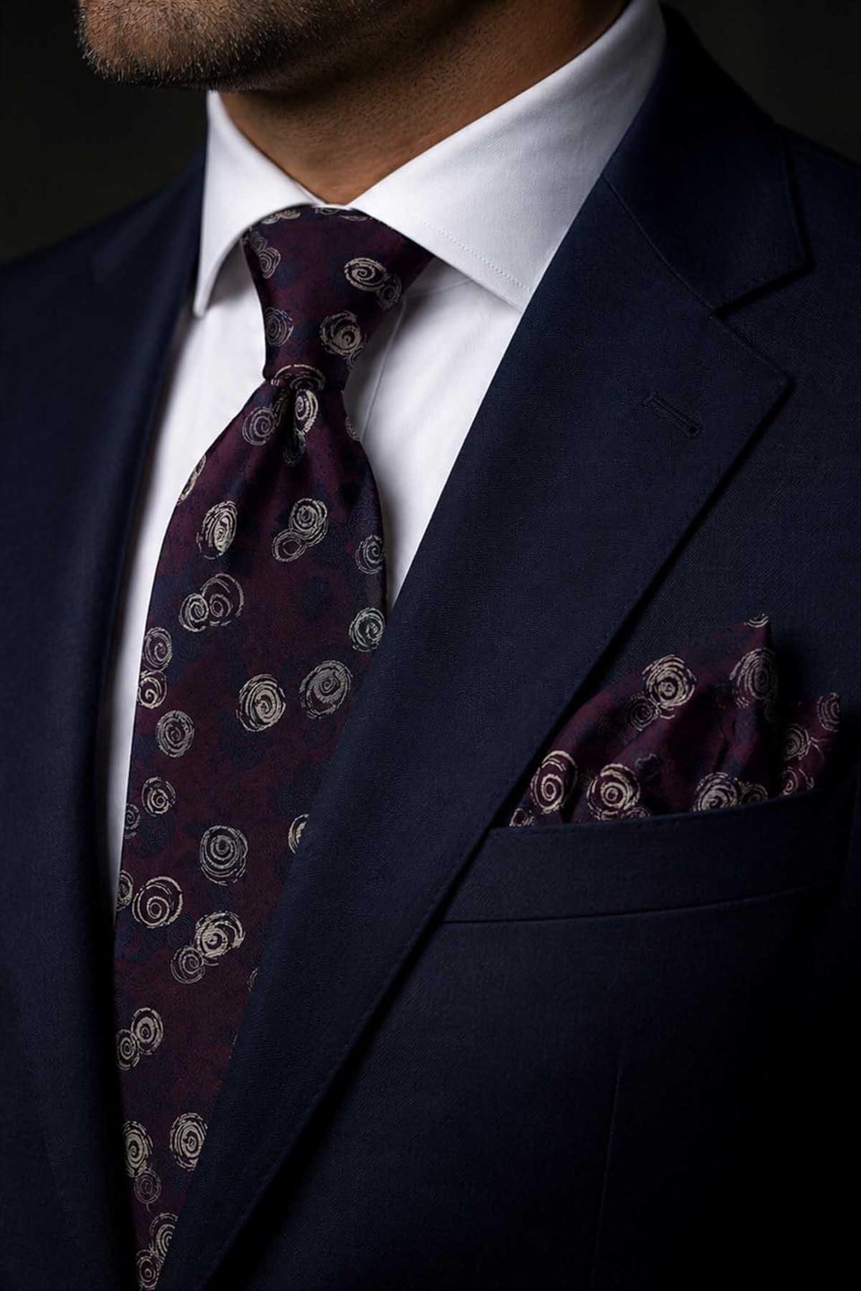 Bordo Lacivert Çiçek Desen Mendilli Klasik Kravat KK13793