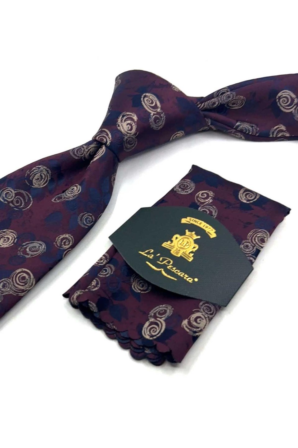 Bordo Lacivert Çiçek Desen Mendilli Klasik Kravat KK13793