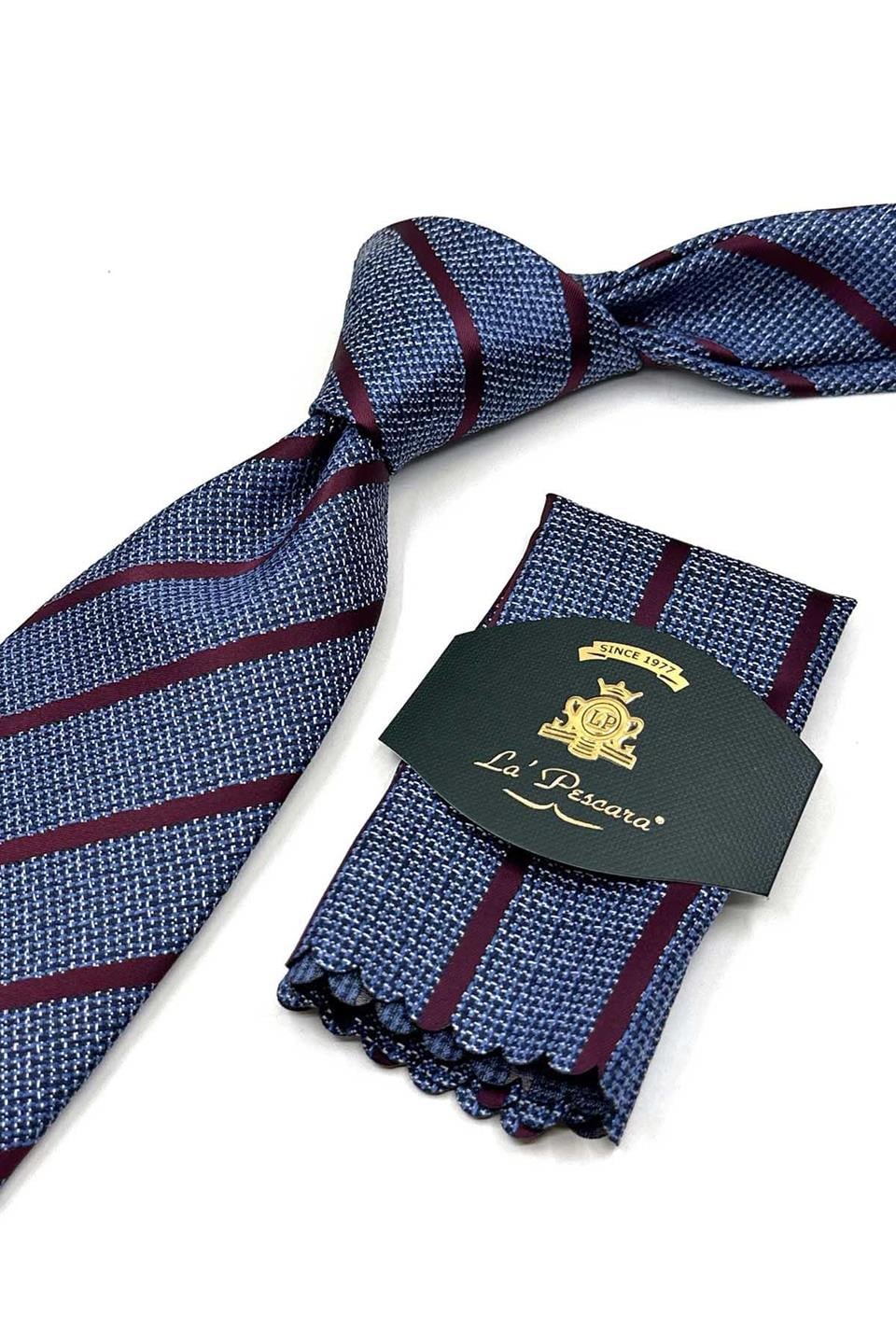 Bordo - Lacivert Çizgi Desen Mendilli Klasik Kravat KK13504