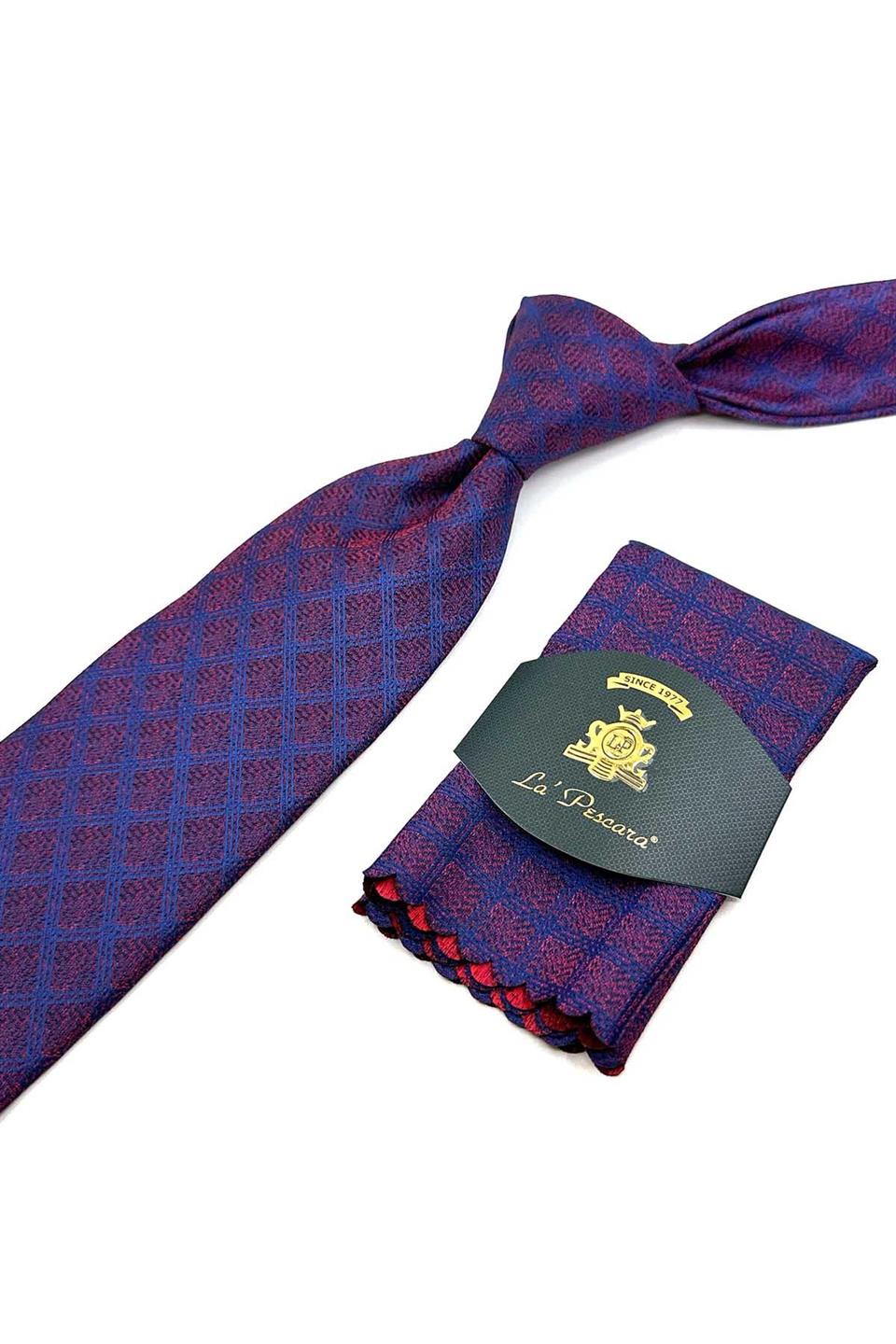 Bordo - Lacivert Kare Desen Mendilli Klasik Kravat KK12486